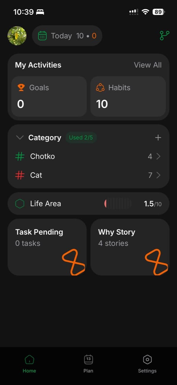 Elegix app home screen: goals and habits counters, categories, the Life Area balance score and Why Story